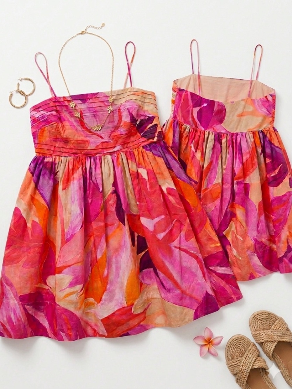 H&M Flirty Floral Print Mini Dress Pink Orange Purple 100% Cotton Size M